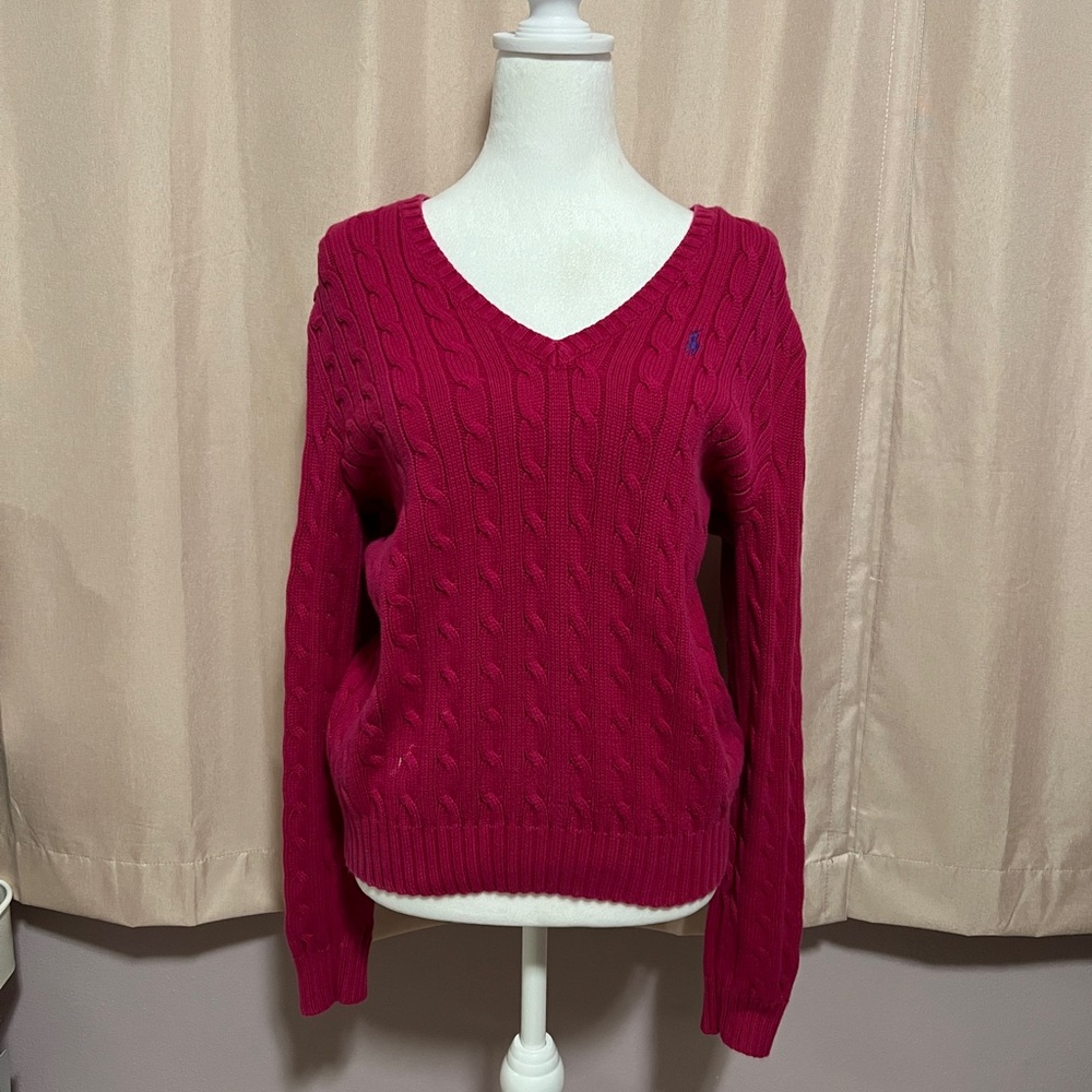 pink polo ralph lauren cable knit v-neck sweater